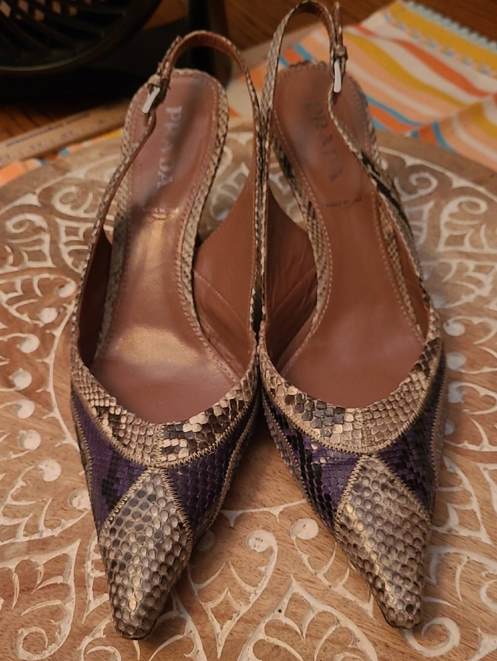 Prada Brown and Grey Pointed-Toe Slingback Mules Heels 38.5 7 1/2 Snakeskin